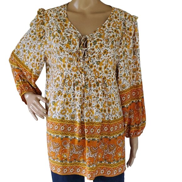 Cottage Core Peasant Boho Tunic Top Blouse Womens L Elephant Flowers Autumn Fall - Picture 3 of 16